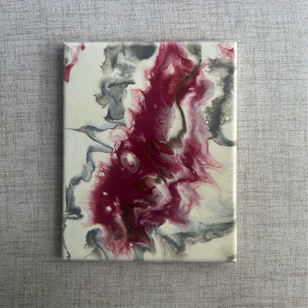 Original Abstract Resin Painting 8x10 Canvas Burgundy Gray White Modern Wall Art